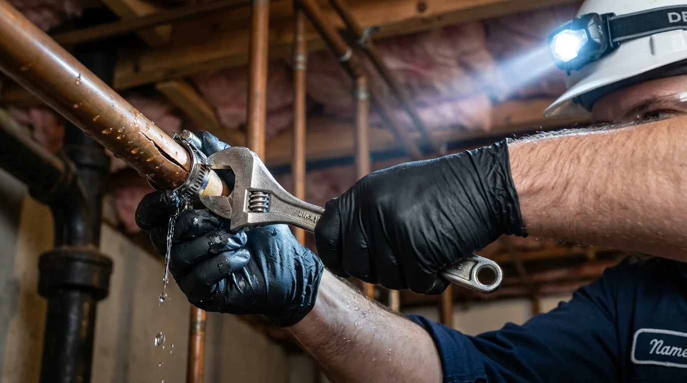 Emergency pipe clamp repair being performed by a Johns Plumbing LLC plumber in Stroudsburg