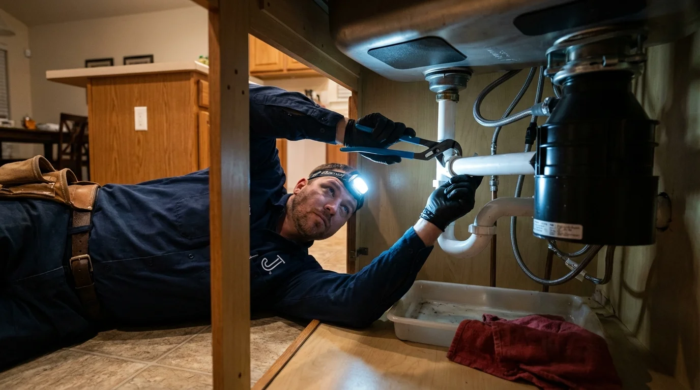 P-trap and supply line connections under a kitchen sink showing a common leak point in Stroudsburg, PA